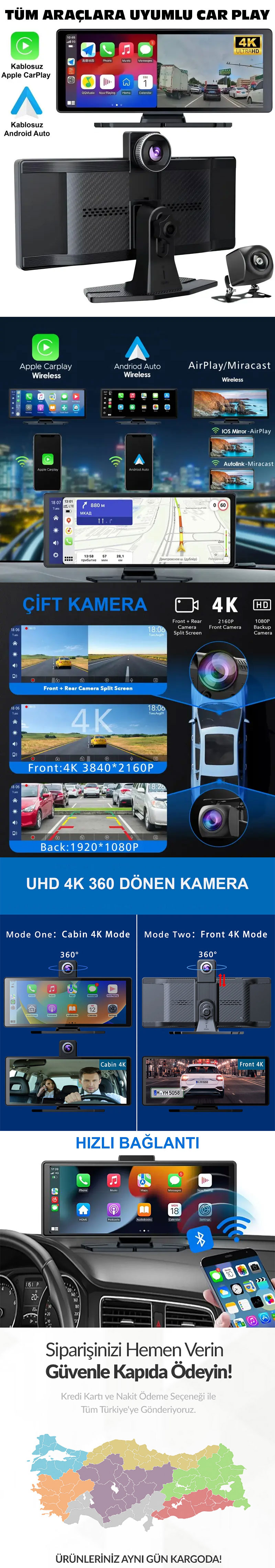 10.2 İnç 4K Çift Kameralı Araç Multimedya Ekranı